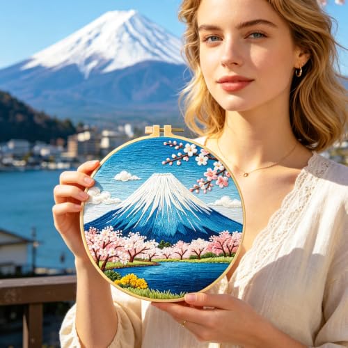 BEUNITONE 4 Pcs Embroidery Kit for Beginner, Ukiyo-e Style Landscape Wave Pattern Embroidery Materials, Cross Stitch Set with Cloth, Thread, Needle and Hoop Tools for Friendship Gift and Home Decor - style: C-Ukiyo Scenery