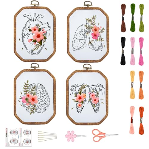 ORIGACH 4 Set DIY Organ & Flowers Embroidery Kit for Beginners Adults - style: Human Organ with Flowers