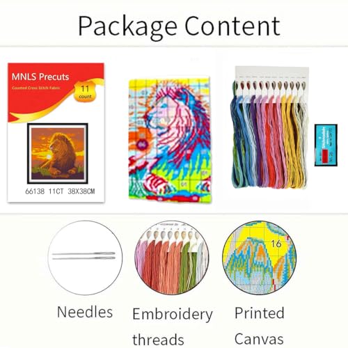 Zhenqing Majestic Lion Stamped Cross Stitch Kit for Beginners, 11CT Printed Full Coverage Sunset Wildlife Animal Pattern, 38 x 38 cm DIY Embroidery Needlework Set, No Hoop Needed - color: Majestic Lion