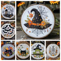 MGARDENMYI Floral Witch Hat Embroidery Kit Halloween Cross Stitch Material Set with Bat Skull Flower Pumpkin Patterns, DIY Hand Needlepoint Embroidery Craft Kit for Beginners Professional (Set of 7) - color: Set of 7