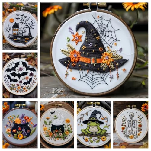 MGARDENMYI Floral Witch Hat Embroidery Kit Halloween Cross Stitch Material Set with Bat Skull Flower Pumpkin Patterns, DIY Hand Needlepoint Embroidery Craft Kit for Beginners Professional (Set of 7) - color: Set of 7