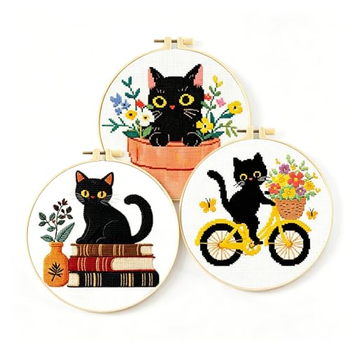 Zhenqing 3-Piece Black Cat Cross Stitch Kit for Beginners - Complete Set with Pre-Printed 11CT 24x24cm Fabric, Hoop, Threads & Tools (3 Adorable Cat Designs)(70403) - color: 70403