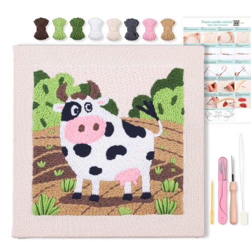 Embroidery Punch Needle kit Frame, Embroidery Starter Kits for Beginner,Punch Needle Fabric with Pattern,Threader, Yarns,Embroidery Hoops & Rug Punch (Green-Brown) - color: Green-brown