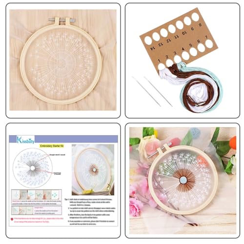 KISSBUTY Full Range Embroidery Starter Kit with Dandelion Pattern, Plastic Hoop, Color Threads, Tools