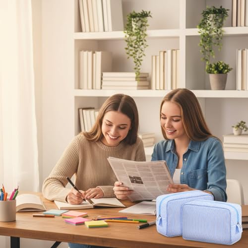 Sanwuta 3 Pcs Seersucker Makeup Bags Seersucker Cosmetic Bags Striped Women Large Travel Toiletry Organizer Preppy Storage Pouch for Embroidery Wedding Bridesmaid Gifts(Light Blue) - color: Light Blue
