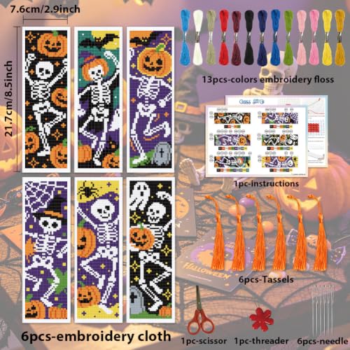 ACRNIGHEET 6PCS Cross Stitch Bookmark Kit (Halloween Skeleton Pattern) - style: Halloween Skeleton with Tassel