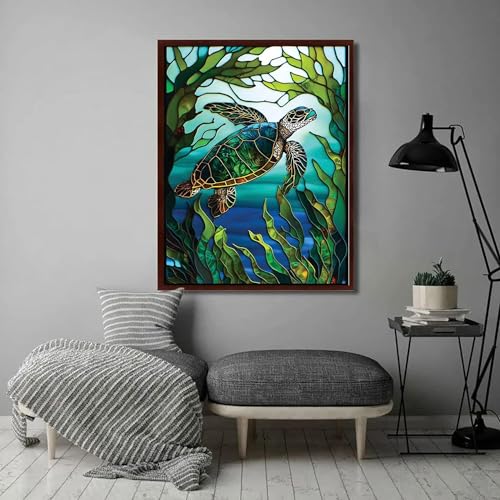 KTHOFCY 5D DIY Diamond Painting Kits for Adults Kids, Sea Turtle Stained Glass Full Drill Embroidery Cross Stitch Crystal Rhinestone Paintings Pictures Arts Wall Decor Painting Dots Kits 15.7X11.8 in
