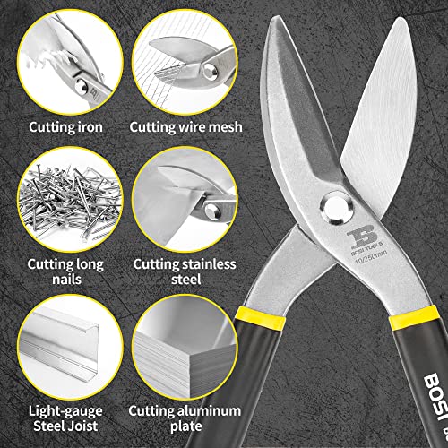 10 Inch Straight Pattern Tin Snips Metal Cutters, High Strength Forged and Heat Treated Carbon Steel with Comfortable Black Rubber Handle - size: 10 Inch