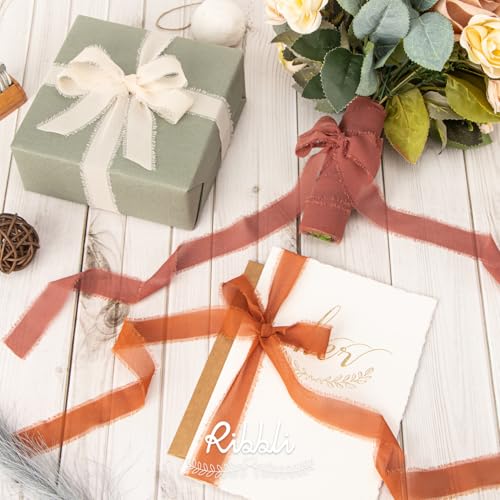 Ribbli Fall Chiffon Silk Ribbon 1Inch x 24 Yard Champagne/Terracotta/Rust Red Fringe Chiffon Fall Ribbon for Wedding Invitations, Bridal Bouquets Wrapping, Flower Arrangement Decoration - color: Champagne/Terracotta/Rust Red