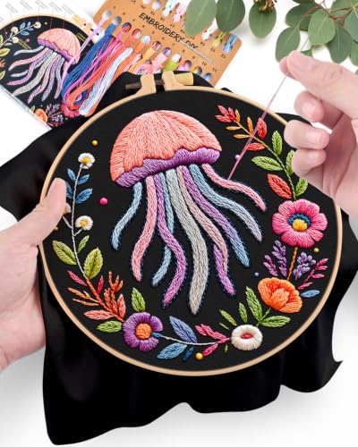 ERKOON Embroidery Kit for Beginners Adult, Cross Stitch Set Include Embroidery Cloth Hoop Threads for Craft Lover Hand Stitch with Embroidery Skill Techniques (Jellyfish) - color: Jellyfish