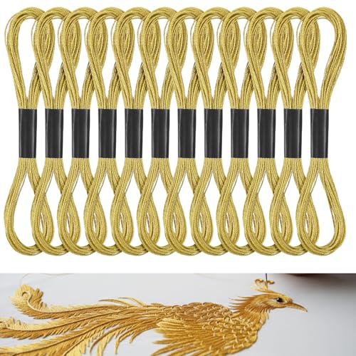 12 Skeins Metallic Embroidery Floss, 8m Each Metallic Gold Embroidery Thread for Cross Stitch, Friendship Bracelets, Sewing, Yarn Crafts & String Art Supplies (Gold)