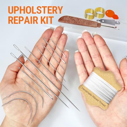 VONEEDL Upholstery Repair Kit: Waxed Sewing Thread (White Color) & Heavy Duty Needles (11 PCS) for Leather, Canvas & Quilting Thread - color: White