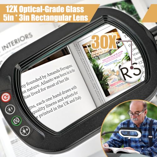 Veemagni 30X 12X Magnifying Glass with Light and Stand, Real Glass Lens - color: Black, size: 30X 12X-12.2inch