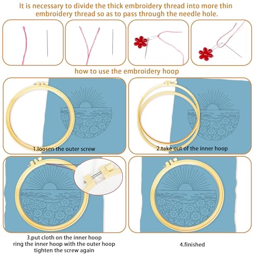BEUNITONE 6 Set Flower Sea Starter Embroidery Kit with Pre-stamped Pattern Needlepoint Craft Kits with Embroidery Hoops Complete DIY Handmade Cross Stitch Set for Home Decor and Festival Gifts 20x20cm - style: Sea of Flowers