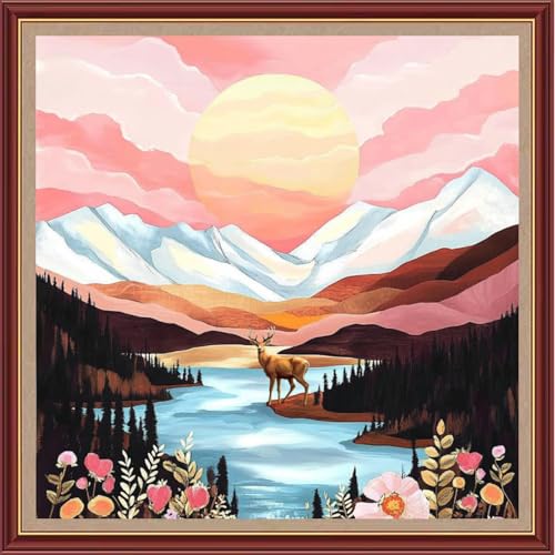 Funchey Counted Cross Stitch Kits for Adults Needlepoint Kits Unprinted Cross Stitching Embroidery Kit 11CT Cross Stitch Supplies&Mountains, Rivers, Sunrise, Elk 18x18 inch - color: DIYCrafts04