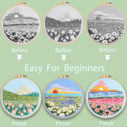 Ohcol 3 Sets Embroidery Kit,Cross Stitch Kits for Beginners,Needlepoint Kits for Adults with Landscape Floral Pattern Hand Crafts,Hoop,Needle