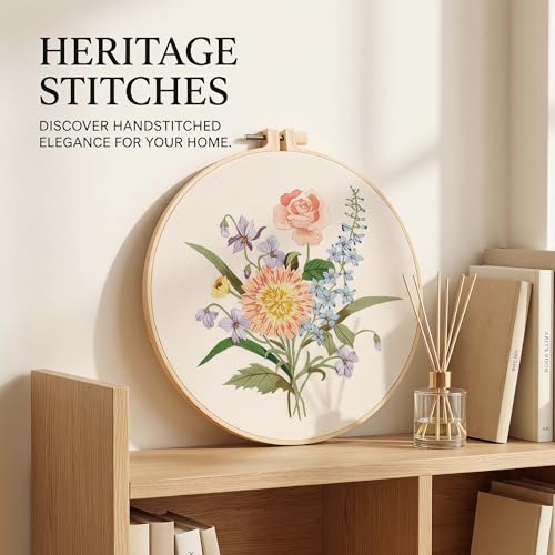 Harimau Adult Beginner Embroidery Starter Kit, Complete Set with 4 Patterns, 2 Hoops, Needles, Scissors, Instruction Guide & Stitching Video Tutorials - color: Floral7 pattern