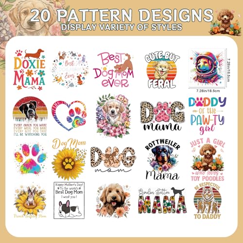 Dtf Transfers Ready to Press - 20Pcs Dog Mom Iron on Transfers for Tshirts, Dog Owners Iron on Decal Patches, Pet Animal Lovers Heat Sublimation Stickers for DIY Clothes Hat Bags Pillows Gifts - color: Dog Mom185