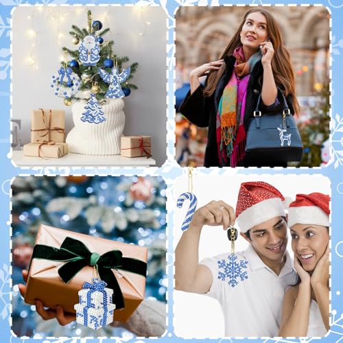 20 Pcs Christmas Diamond Art Ornaments Diamond Painting Keychain Kits - style: Blue and White Porcelain
