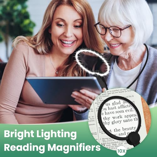 Hands Free Magnifying Glass with Light for Reading, 10X Neck Magnifying Glass with Light for Close Work with Real Glass Lens, Flexible Gooseneck Large Magnifier for Low Vision Elderly, Seniors