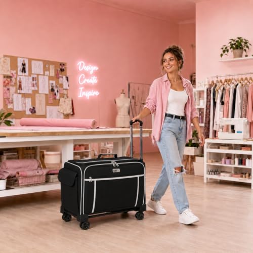 CAB55 XXL 23-Inch Rolling Sewing Machine Case with 4 Wheels, Extra Large Carrying Case for Professional Embroidery and Heavy Duty Sewing Machines with Bottom Support Board (Black) - color: Black