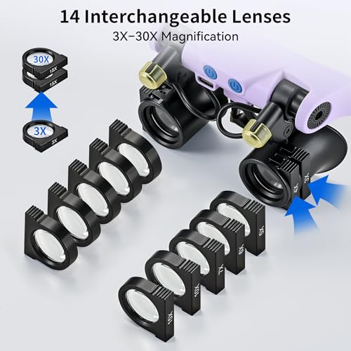 JARLINK Magnifying Glasses with LED Light, 14 Lenses, Hands Free, Purple - color: Purple