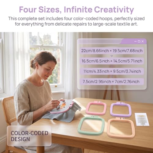LAMXD 4 Pieces Embroidery Hoop Rectangle Square Embroidery Frame Cross Stitch Hoop Sewing Tool for Art Craft Handy Sewing (Multicolor),with Gold Eye Embroidery Needles - style: 4 sizes square
