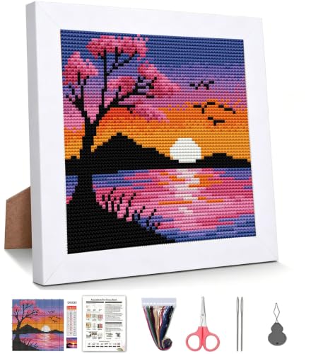 Sunset Landscape Stamped Cross Stitch Kits for Beginners Adults with Framed - color: DKJ030