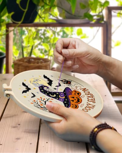 TINDTOP Halloween Embroidery Kit for Adult, Embroidery DIY Starter Kit, with Stamped Patterns, Hoop, Tools, Colorful Threads with Needles, Instructions (Halloween A) - color: Halloween A