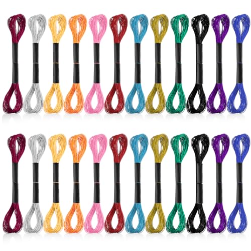 24 Skeins Metallic Embroidery Thread, Multicolor Embroidery Floss Friendship Bracelet String Rainbow Needlework Supplies Cross Stitch Embroidery Thread for DIY Bracelets Sewing Crafts Making