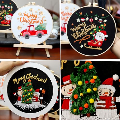 3 Sets Christmas Embroidery Starter Kit with Pattern for Beginners, Embroidery Kits with Christmas Pattern, Cross Stitch Set with Plastic Embroidery Hoops, Color Threads, Tools and Instructions - color: Xmas Black White