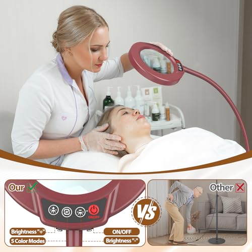 10X Magnifying Glass with Light and Stand, 24" Flexible Gooseneck Magnifying Floor Lamp, 3-in-1 LED 5 Color Modes Stepless Dimmable Lighted Magnifier Hands Free for Close Work, Reading - Red - color: Red