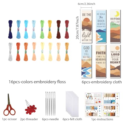 FREEBLOSS 11CT 6 Set Cross Stitch Bookmark Kit Landscape Stamped Embroidery Bookmark Kit with Instructions 6 Back Felt Bookmarks Making Set for Adults Book Lovers, 8"x2.4" - style: Minimalist Landscape