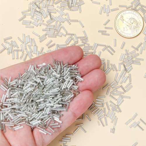 2000pcs Glass Bugle Beads, Tube Beads Bulk, Mini Long Tiny Small Waist Loose Spacer Embroidery Beaded for Bracelets Jewelry Making Sewing, Crafts, 2×6mm, Silver - color: Silver