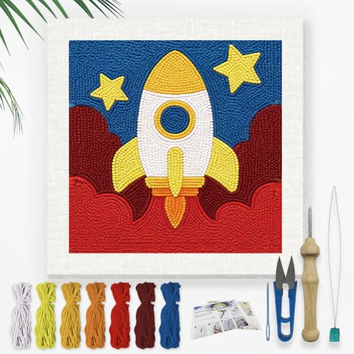 Doodlream Cartoon Rocket Needle Kit for Beginner, 9.4"x 9.4" Space Flame Punch Stitching Craft Set, Color DIY Embroidery Starter with Printed Frame, Instruction, Threader, Yarn, Pinch Needle - color: Rocket