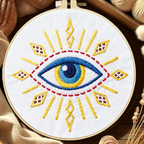 FREEBLOSS 4 Set Embroidery Kit Hamsa Pattern Stamped Embroidery Starter Kit with Step by Step Instructions, Colored Threads, 2 Hoops, Needlepoint Kits for Hand Craft Lovers Gift, 30cm/11.8inch - style: Tarot Elements