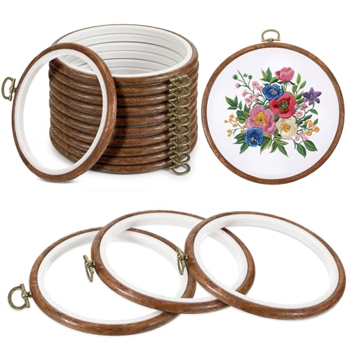 AOZUO 15 Pcs 4 Inch Round Embroidery Hoops, Imitated Wood Embroidery Frame Cross Stitch Circle Rubber Hoop Ring for Art Craft Sewing and Hanging Ornaments Decor Display