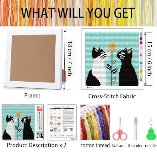 Tiwabb Cat Flower Stamped Cross Stitch Kits for Adults Beginners with Frame - color: Cat Cross Stitch with Frame