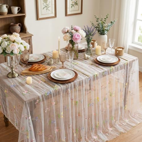 White Floral Table Runner Gauze Embroidery Table Cloths Flower 10ft Tulle - color: White, size: 60"x120",1pc