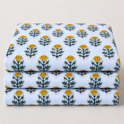 100% Cotton Fabric by the Yard, Hand Block Print Fabric for Sewing RB-116 - color: Rb-116 Yellow, size: 1 Yard pre cut