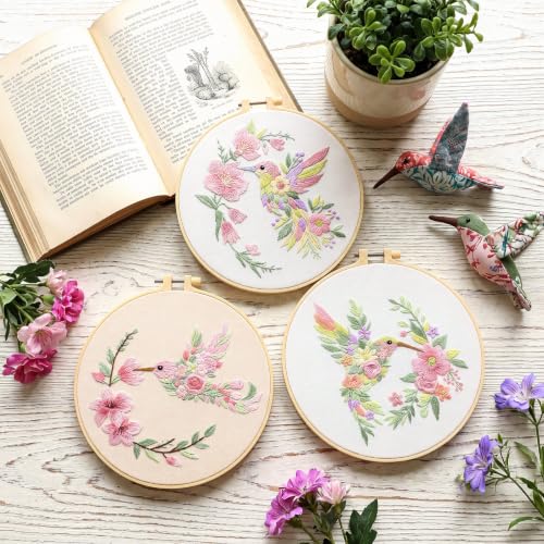 Mindsoft 3 Set Needlepoint Kit for Beginners with Hoop,Flower Hummingbird - style: Flower Hummingbird