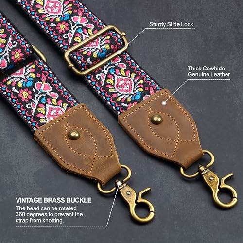 Nefelibata Banjo Strap,2"Wide Double Crazy Horse Leather Jacquard Embroidery Strap Adjustable Replacement,Multi-pattern Strap With Metal Clips - color: A#-embroidery Red