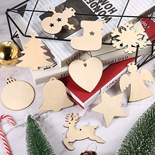 Tatuo 120 Pcs Blank Wood Christmas Ornaments 10 Shapes for DIY,Multi Shape