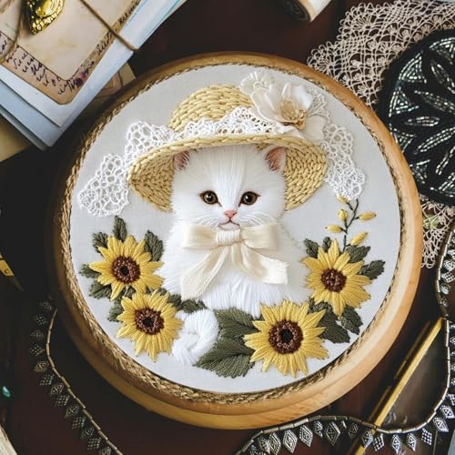 FONNUY White Kitten Embroidery Kit, Sunflowers Cat Lace Hat Cross Stitch Kits for Beginners, Handmade Crafts with Printed Patterns for Adults, Color Thread Needlework, 8'' Hoop (Cat 04) - color: Cat 04