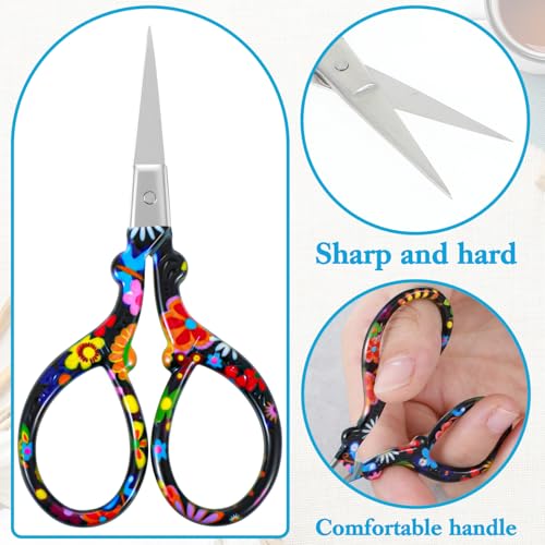 Crochet Scissors, Vintage Small Sewing Embroidery Scissors Sharp Crafting Threading with Leather Cover, Stainless Steel Black Flower Design Shears for Craft Art Work Manual Sewing Handicraft DIY Tool