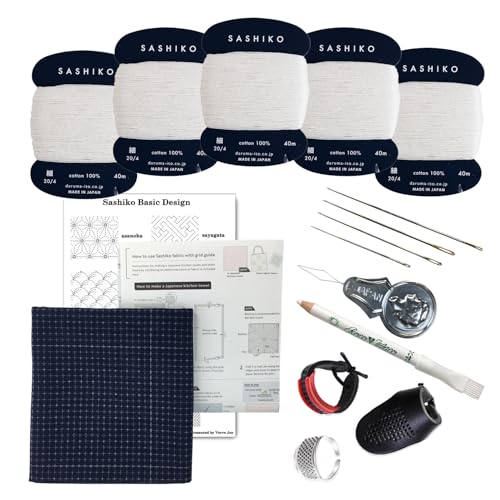 Sashiko kit, Daruma Sashiko Thread, Needles and Cotton Fabric with Grid Line Print, Marking Pencil, Thimblem and Traditional Design Sewing Set (Unbleached Thread/Navy Fabric) - style: Unbleached Thread / Navy Fabric