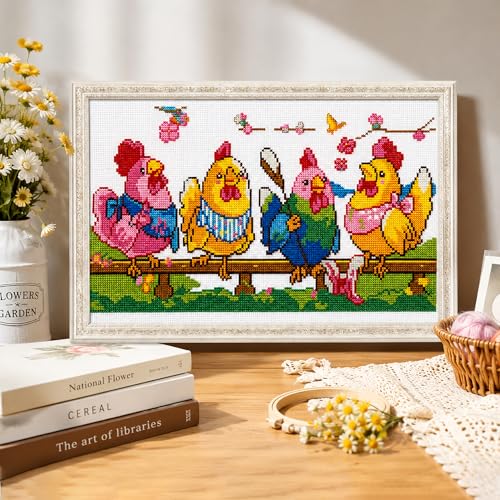 Zhenqing Charming Knitting Chickens Cross Stitch Kit for Beginners - 11CT Printed 12x20inch Aida Cloth, Threads & Needle Included (No Hoop/Scissors)(67427) - color: 67427