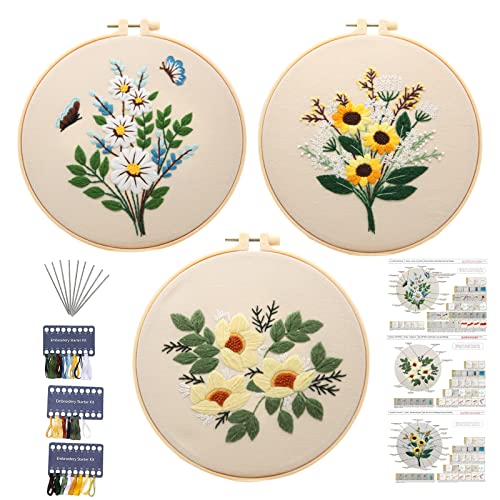 Embroidery Kit for Beginners,Cross Stitch Kits for Adults DIY Craft 3pcs Embroidery Pattern Needlework Fabric Embroidery Thread and Needles 1pcs Embroidery Hoop Adult Stitch Stuff Sewing Kit Gift - color: Flower