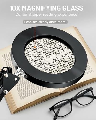 TANYO 10X Magnifying Glass with Light, 3 Color Mode, Hands Free(Black)