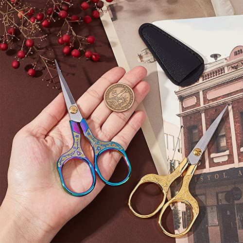 SUNNYCLUE 2Pcs 5 Inch Stainless Steel Embroidery Sewing Scissor Retro-Style Needlework Sewing Scissor with 2Pcs Protective Scissors Cover for Fabric Paper Cutting Craft Threading Use - color: Rainbow Color & Golden-2pcs-sewing Scissors With Cover